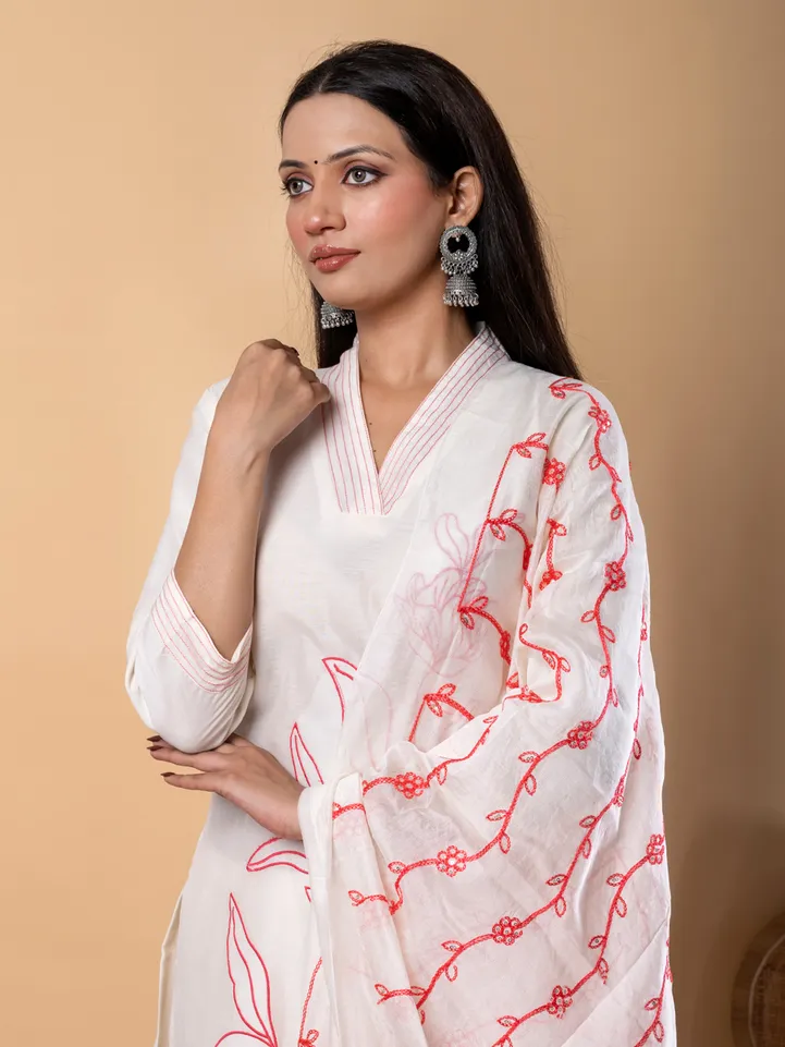 White and pink cotton kurti set with dupatta