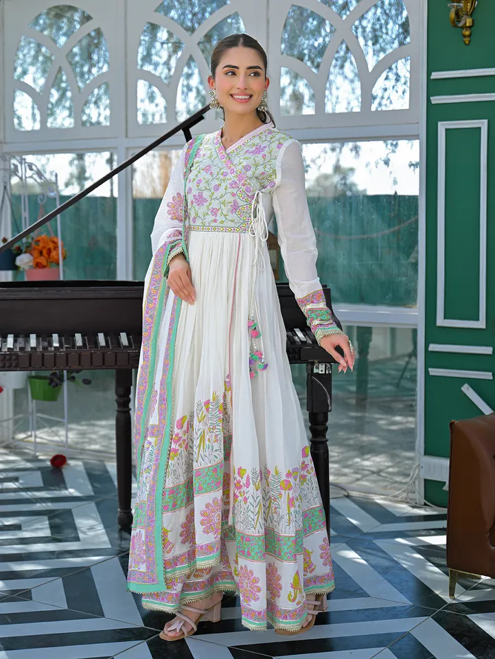 White cotton linen printed anarkali festive set with...