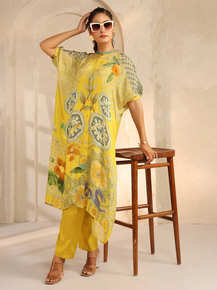 Yellow silk printed kurti set with cutdana work
