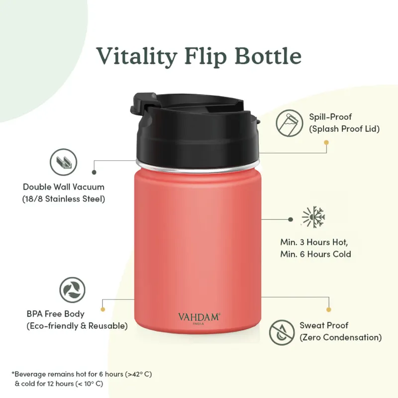 Vahdam Vitality Flip Bottle (260 ml) Coral