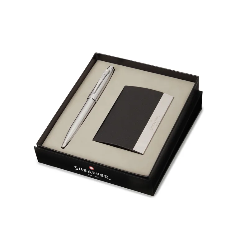 Sheaffer Gift Set 100 Ballpoint Pen with Business Card Holder  Brushed Chrome with Chrome Trims