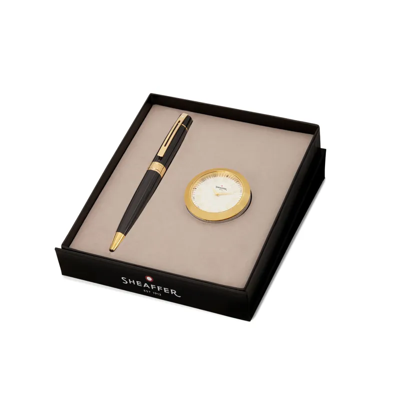 Sheaffer Gift Set 300 Ballpoint Pen with Table Clock  Glossy Black with Gold Trims