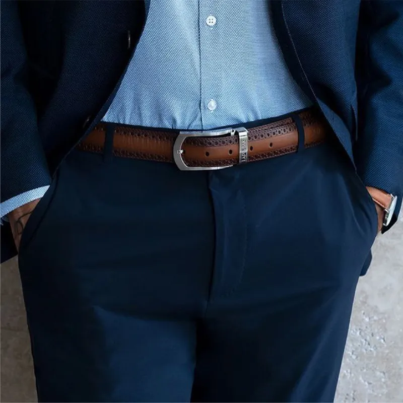 Lapis Bard Ducorium Southwark Belt 35mm Palladium Plated Buckle with Brogue on Two tone Leather Strap - Cognac