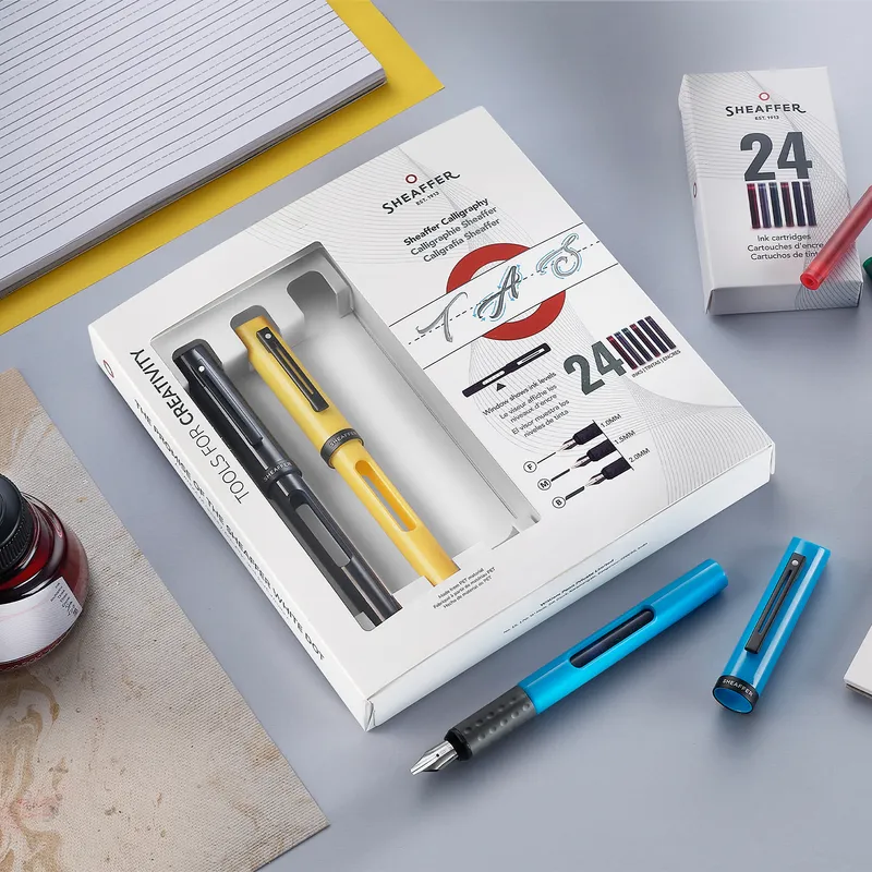 Sheaffer Calligraphy Black, Blue and Yellow Fountain pens Maxikit in Hangsell - F, M, B nibs