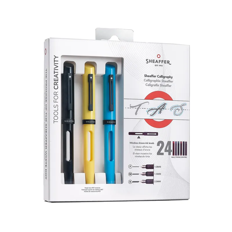 Sheaffer Calligraphy Black, Blue and Yellow Fountain pens Maxikit in Hangsell - F, M, B nibs