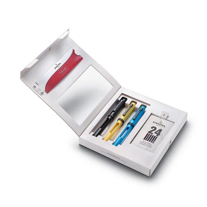 Sheaffer Calligraphy Black, Blue and Yellow Fountain pens Maxikit in Hangsell - F, M, B nibs