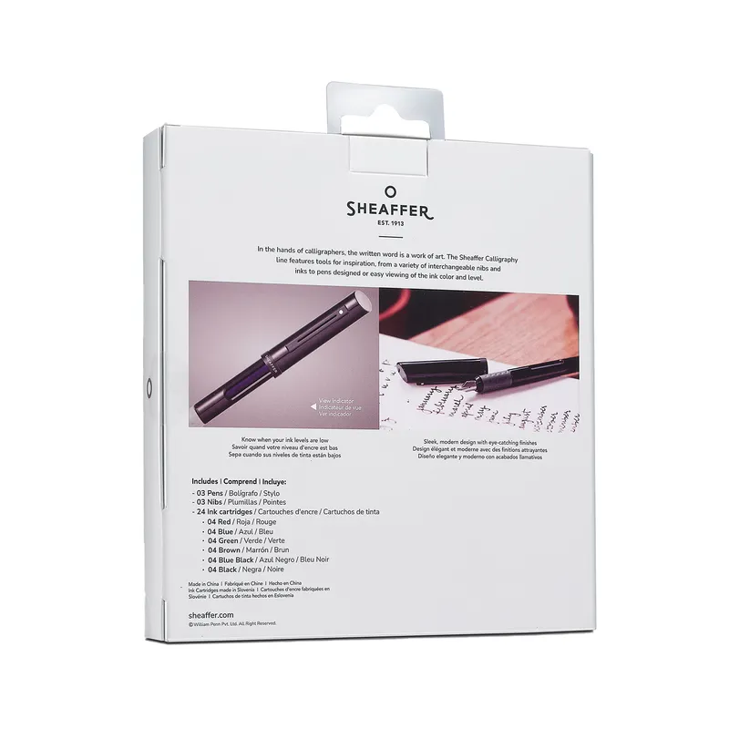 Sheaffer Calligraphy Black, Blue and Yellow Fountain pens Maxikit in Hangsell - F, M, B nibs