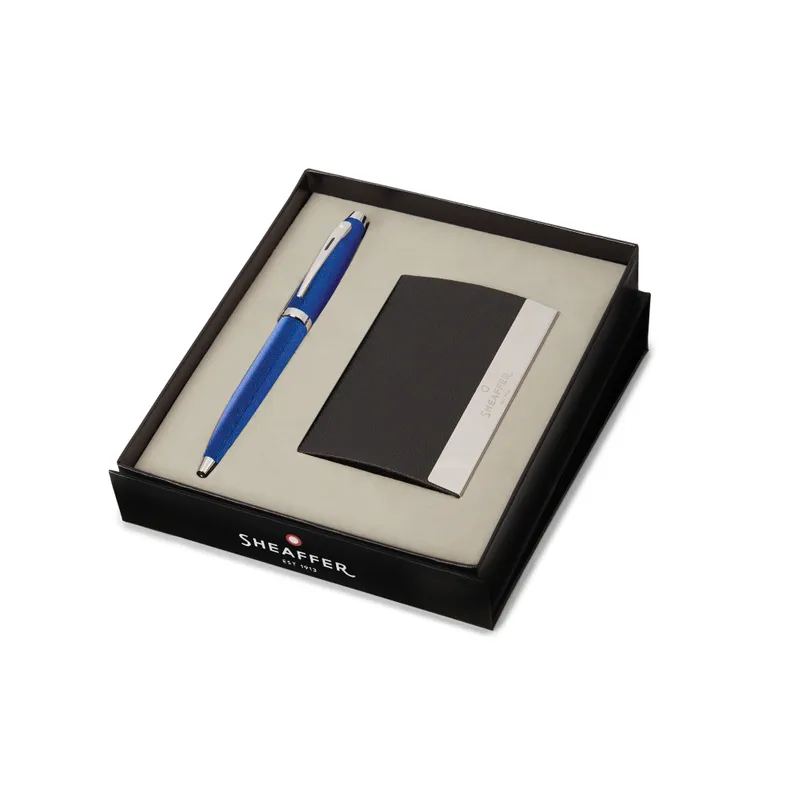 Sheaffer Gift Set 100 Ballpoint Pen with Business Card Holder  Glossy Blue with Chrome Trims