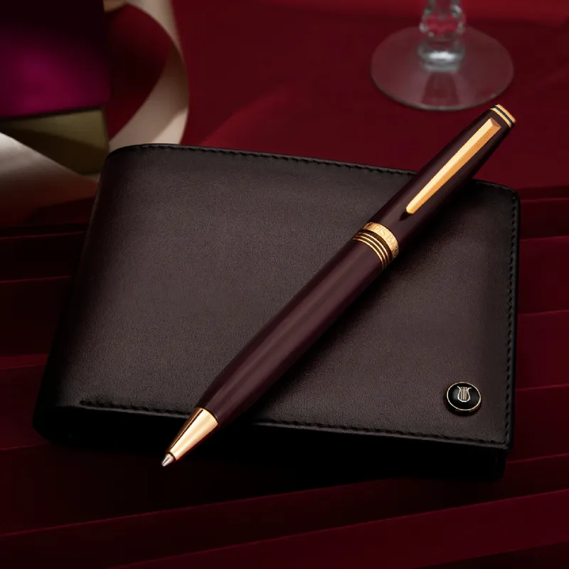 Lapis Bard Gift Set Contemporary Ballpoint Pen with Ducorium Wallet Bordeaux with Gold Trims