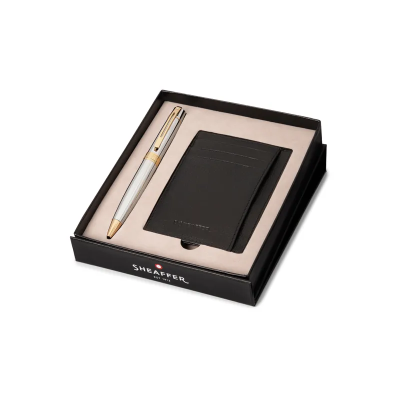 Sheaffer Gift Set 300 Ballpoint Pen with Credit Card Holder  Bright Chrome with Gold Trims