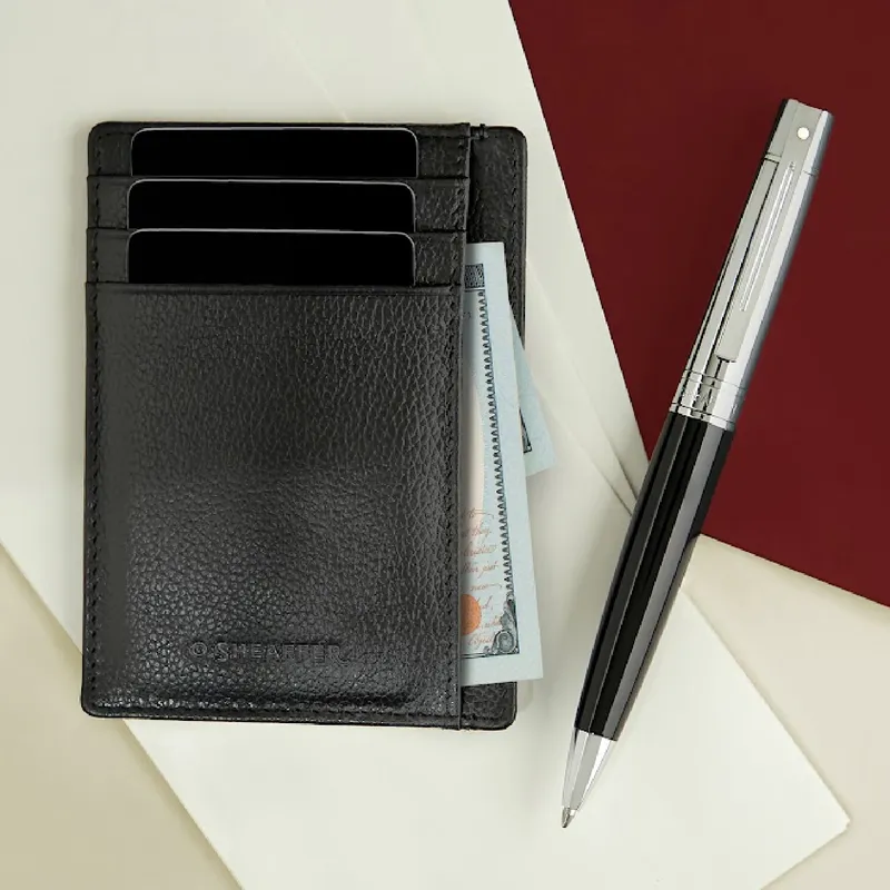 Sheaffer Gift Set 300 Ballpoint Pen with Credit Card Holder  Bright Chrome with Gold Trims