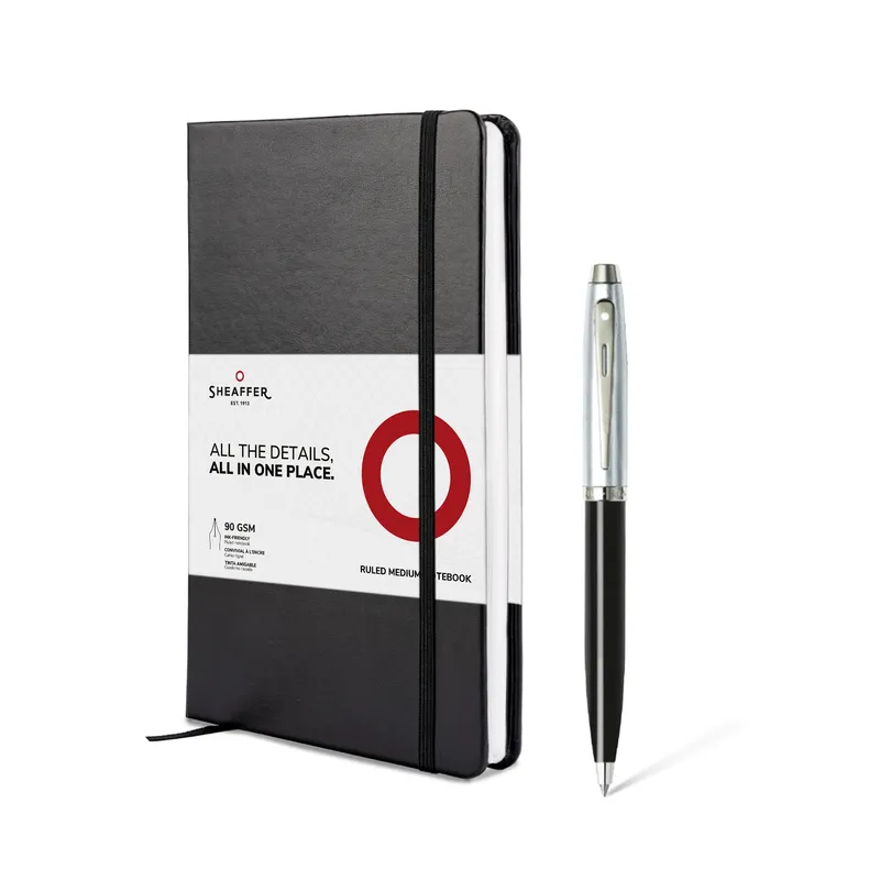 Sheaffer Gift Set 100 9313 Ballpoint Pen with Medium Notebook Glossy Black Barrel and Chrome Cap with Chrome Trims