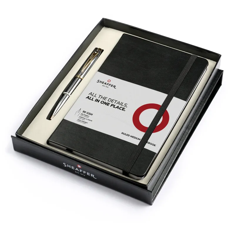 Sheaffer Gift Set 100 9340 Ballpoint Pen with Medium Notebook Bright chrome with Gold Trims