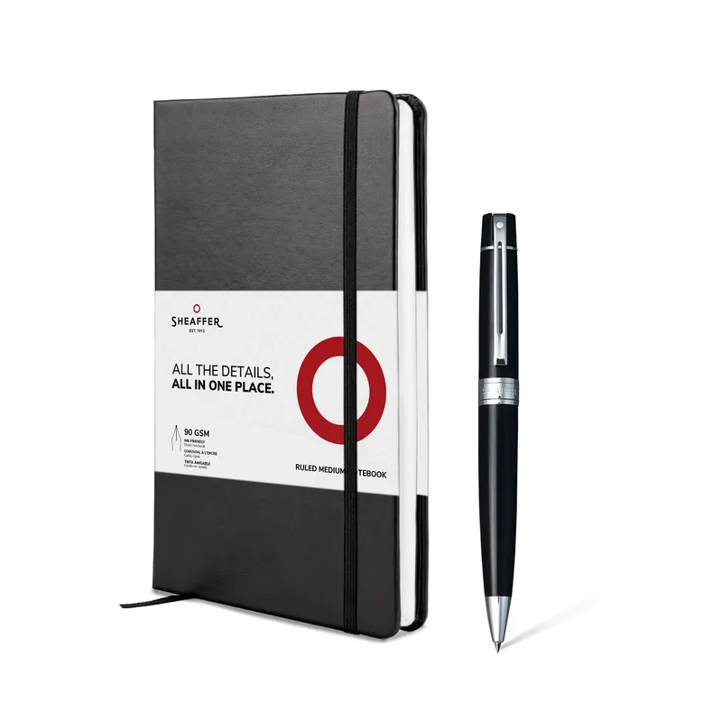 Sheaffer Gift Set 300 9312 Ballpoint Pen with Medium Notebook Glossy Black with Chrome Trims