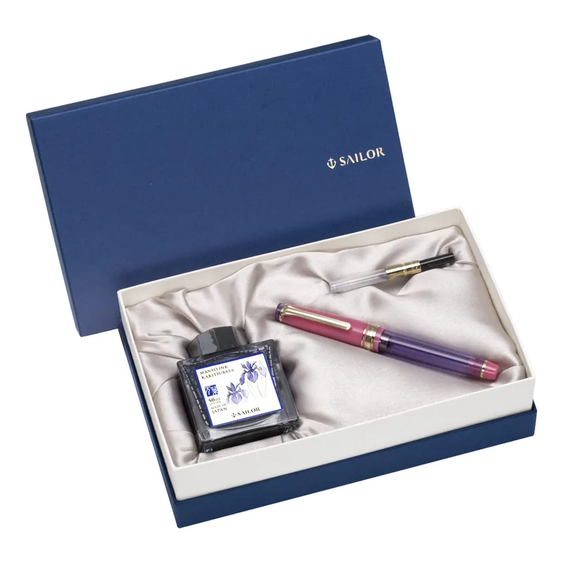 Sailor Gift Set Manyo II 'Rabit Ear Iris' Professional Gear Slim Fountain Pen (14K Medium) With Manyo Ink 50 ML - Pink With Gold Trims