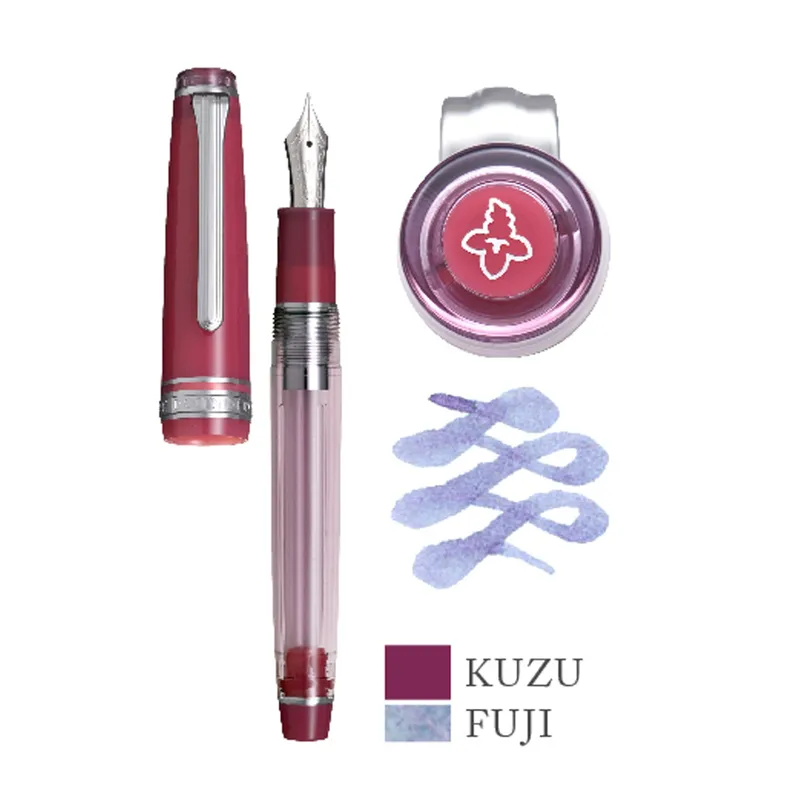 Sailor Gift Set Manyo II 'Wisteria' Professional Gear Slim Fountain Pen (14K Medium) With Manyo Ink 50 ML - Red With Rhodium Trims