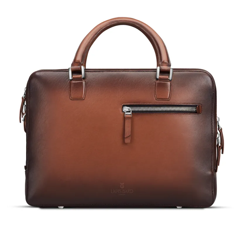 Lapis Bard Ducorium Leather Chester Slim 14-inch Chrome Trims Laptop Business Bag - Cognac