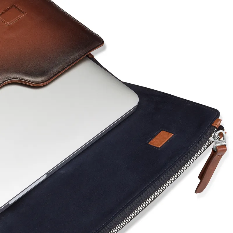 Lapis Bard Ducorium Leather Bexley 13-inch Chrome Trims Laptop Sleeve with Cross Body Shoulder Strap - Cognac