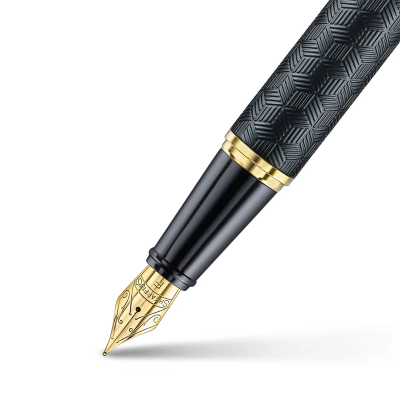 Sheaffer 300 9347 Engraved Black Fountain Pen with Chrome Cap and Gold Trims - Fine