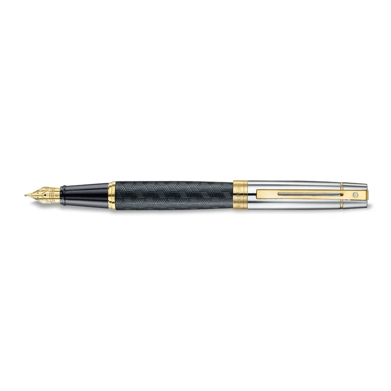 Sheaffer 300 9347 Engraved Black Fountain Pen with Chrome Cap and Gold Trims - Fine