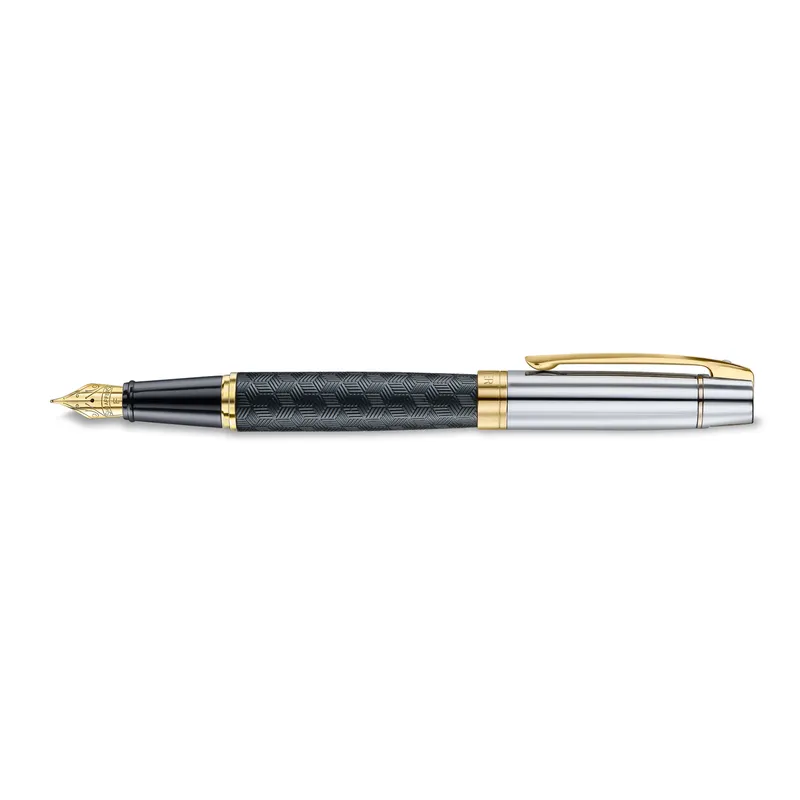Sheaffer 300 9347 Engraved Black Fountain Pen with Chrome Cap and Gold Trims - Fine