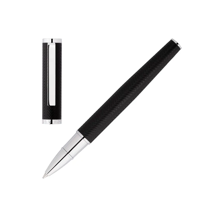 Hugo Boss Formation Herringbone Rollerball Pen with Chrome Trims - Black