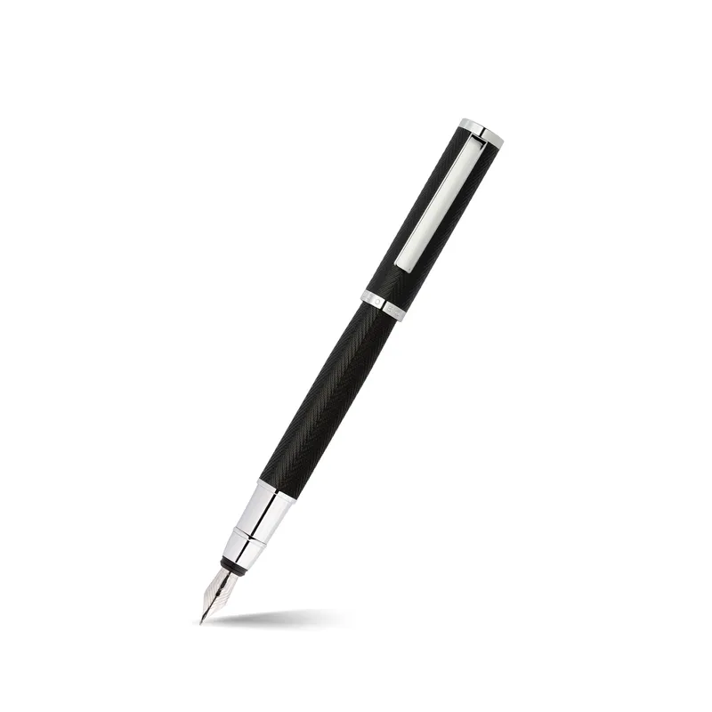 Hugo Boss Formation Herringbone Fountain Pen with Chrome Trims Medium- Black