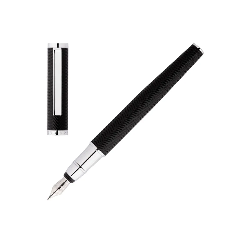 Hugo Boss Formation Herringbone Fountain Pen with Chrome Trims Medium- Black