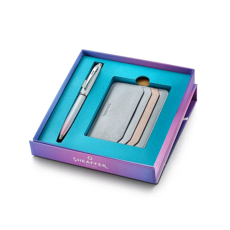 Sheaffer Expressions Gift Set 100 9376 Blue and Pink Pearlised Gradient Ballpoint Pen with Chrome-plated Trims and Genuine Leather Credit Card Holder