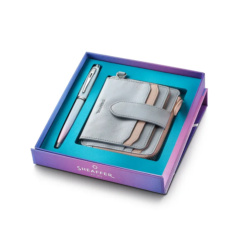 Sheaffer Expressions Gift Set 100 9376 Blue and Pink Pearlised Gradient Ballpoint Pen with Chrome-plated Trims and Genuine Leather Wallet