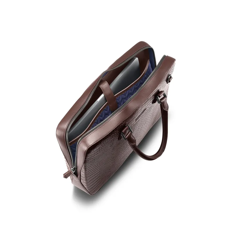 Lapis Bard Mandeville 14-inch Croc-Textured Single Compartment Laptop Bag - Dark Brown