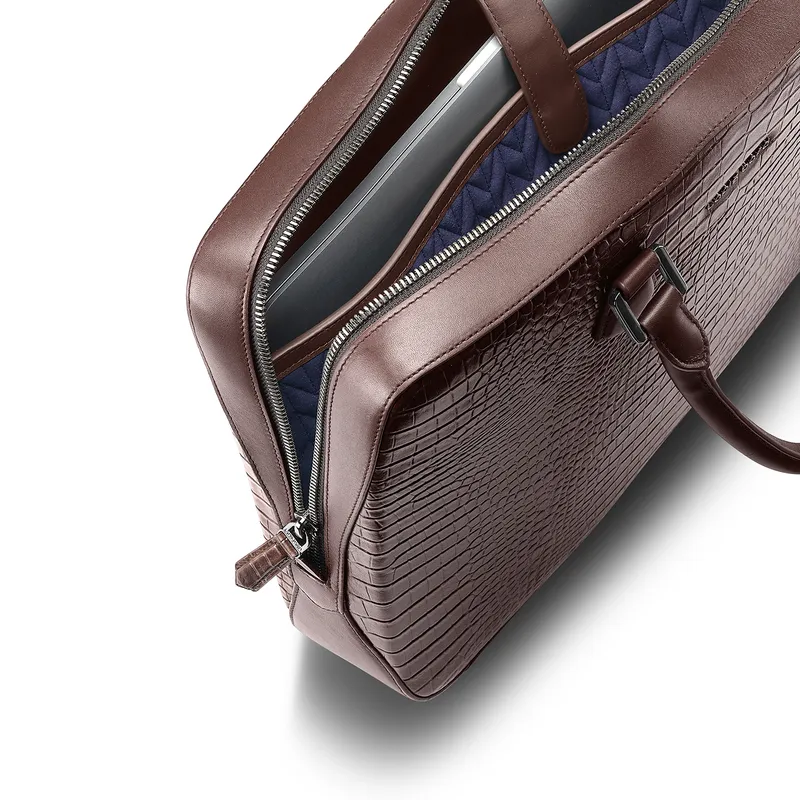 Lapis Bard Mandeville 14-inch Croc-Textured Single Compartment Laptop Bag - Dark Brown
