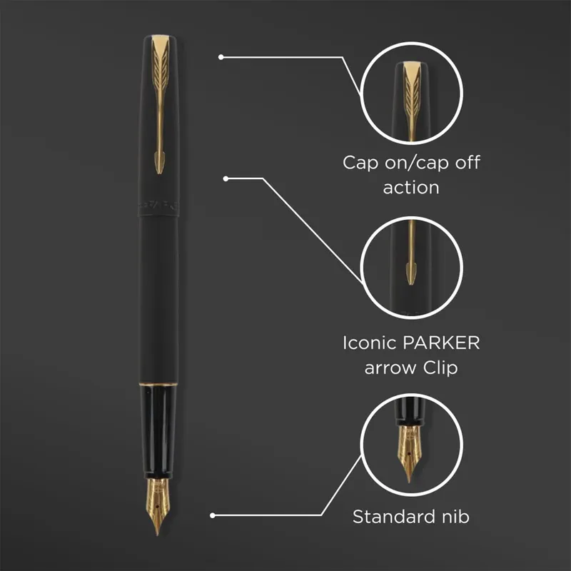 Parker Frontier Matte Black Fountain Pen Gold Trim-Fine