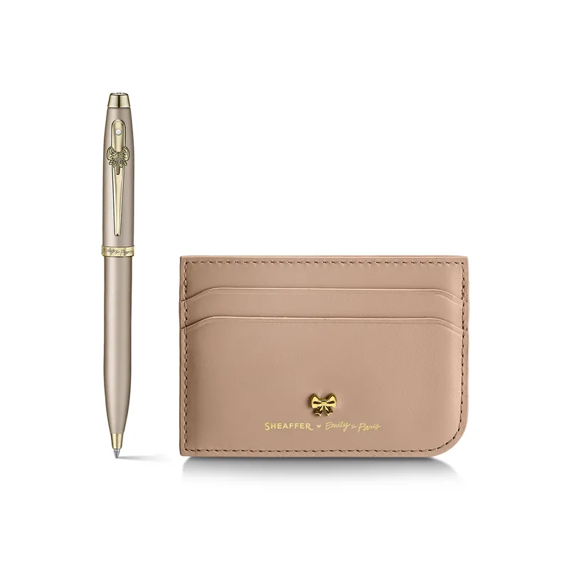 Sheaffer 100 Emily in Paris 9377 Champagne Gold Ballpoint Pen with Champagne Gold Trim and Full-Grain Credit Card Holder Gift Set
