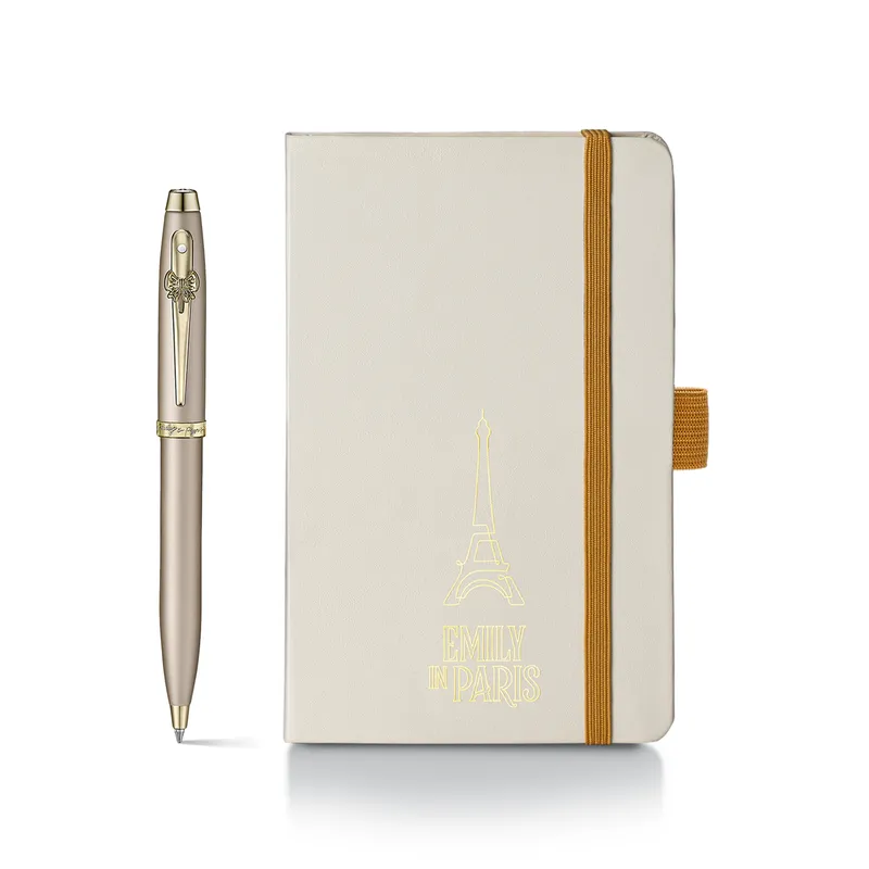 Sheaffer 100 Emily in Paris 9377 Champagne Gold Ballpoint Pen with Champagne Gold Trim and Hardbound Small Notebook Gift Set