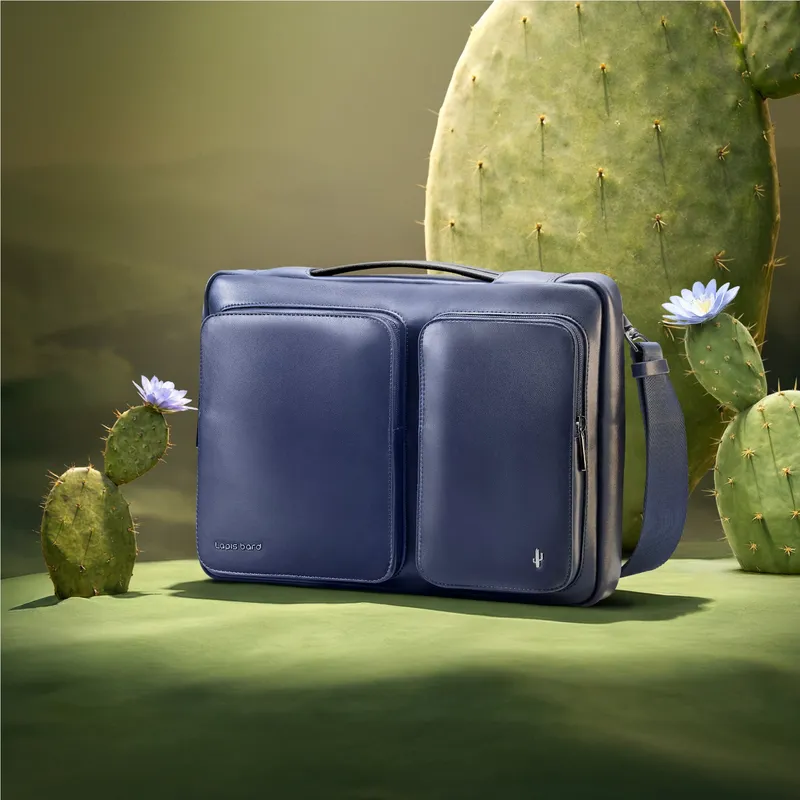 Lapis Bard Crossover Desert Bloom Cactus Leather 14-inch Laptop Bag with Shoulder Strap - Blue