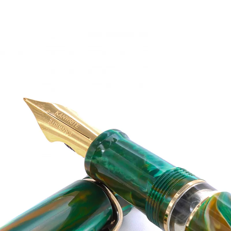 Kanwrite Heritage Marble Green Swirl Fountain Pen With Gold Trims - Medium