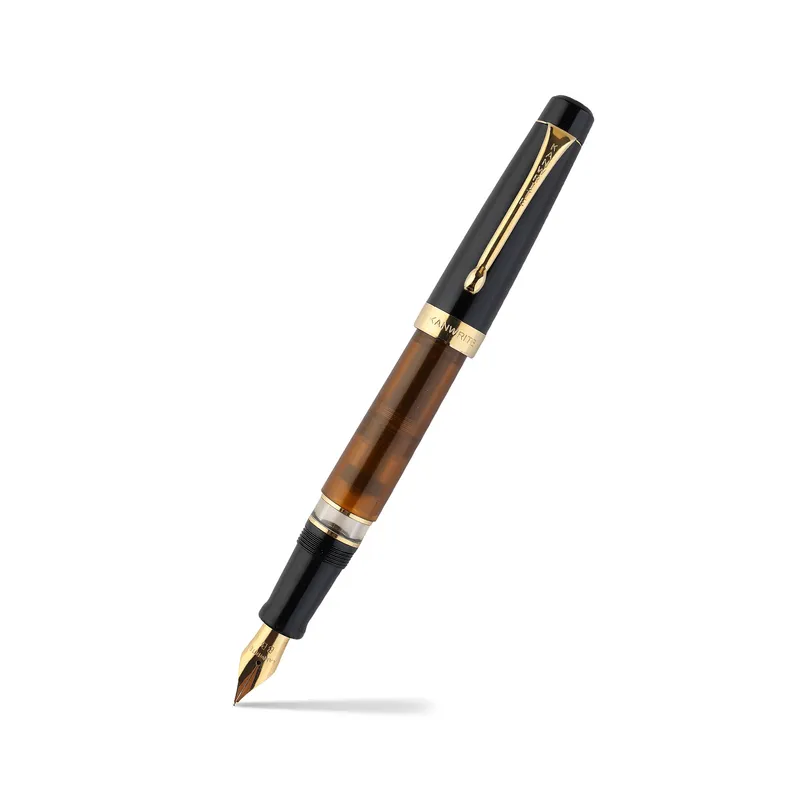 Kanwrite Heritage Dual Tone Amber Black Fountain Pen With Gold Trims - Broad
