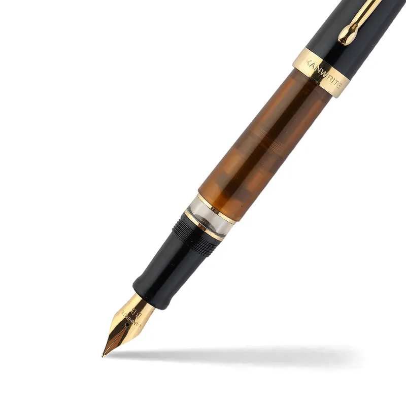 Kanwrite Heritage Dual Tone Amber Black Fountain Pen With Gold Trims - Broad