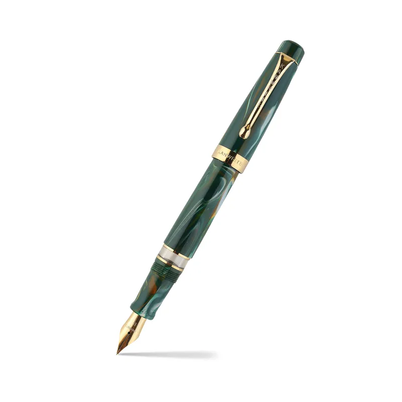 Kanwrite Heritage Marble Green Swirl Fountain Pen With Gold Trims - Broad