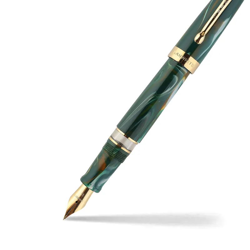 Kanwrite Heritage Marble Green Swirl Fountain Pen With Gold Trims - Broad