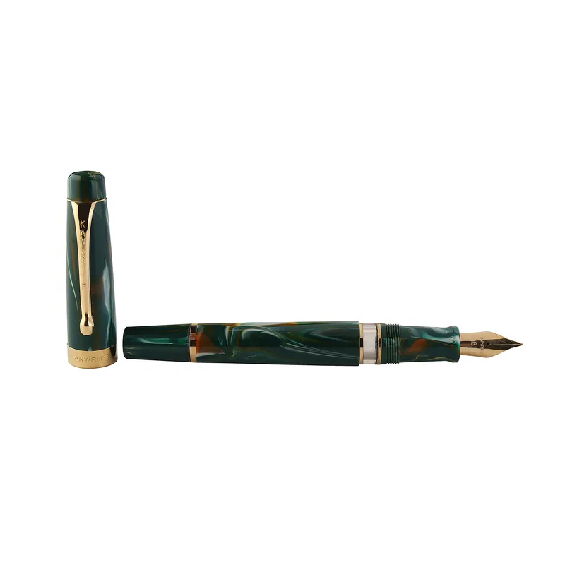 Kanwrite Heritage Marble Green Swirl Fountain Pen With Gold Trims - Broad