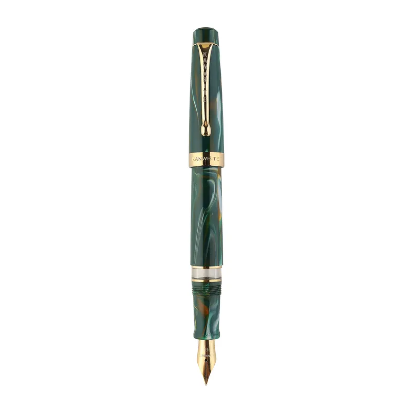 Kanwrite Heritage Marble Green Swirl Fountain Pen With Gold Trims - Broad