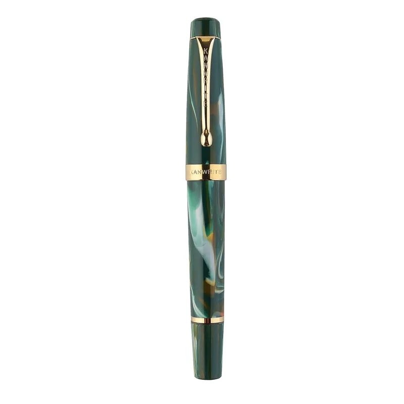 Kanwrite Heritage Marble Green Swirl Fountain Pen With Gold Trims - Broad