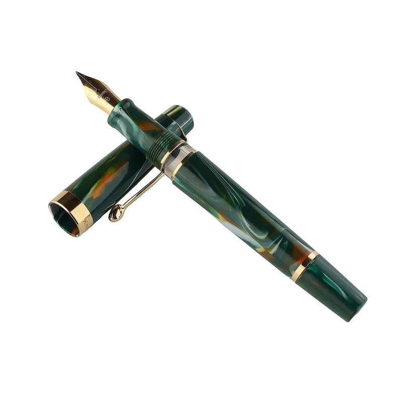 Kanwrite Heritage Marble Green Swirl Fountain Pen With Gold Trims - Broad