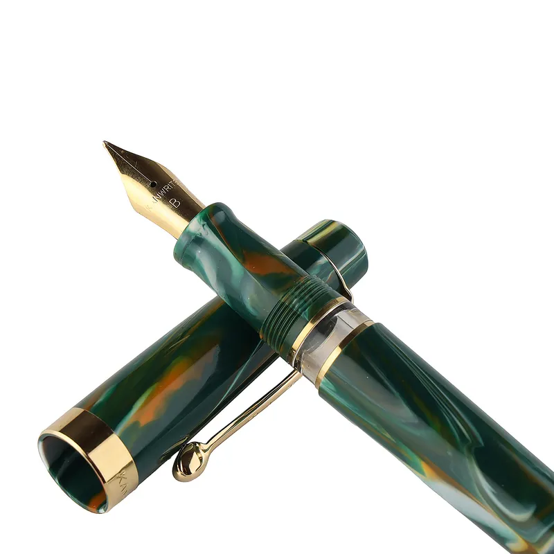 Kanwrite Heritage Marble Green Swirl Fountain Pen With Gold Trims - Broad