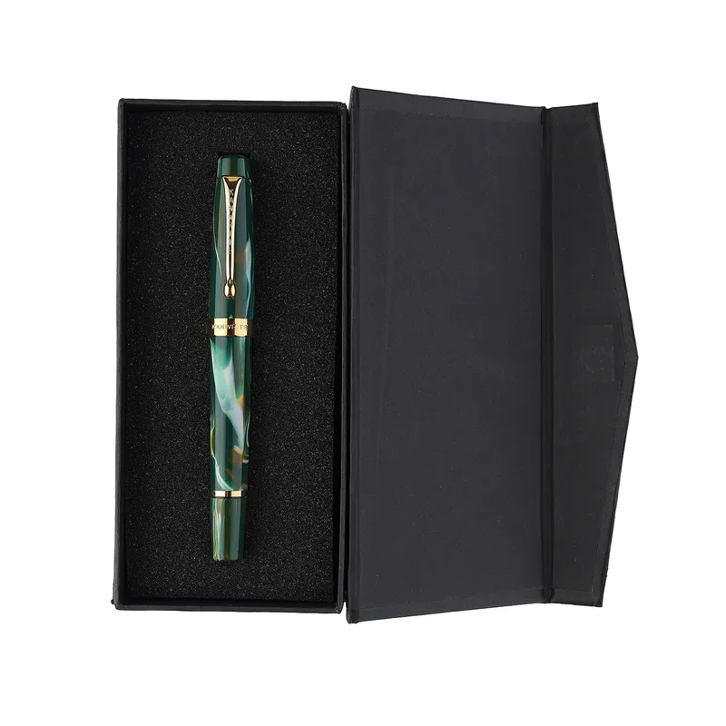 Kanwrite Heritage Marble Green Swirl Fountain Pen With Gold Trims - Broad