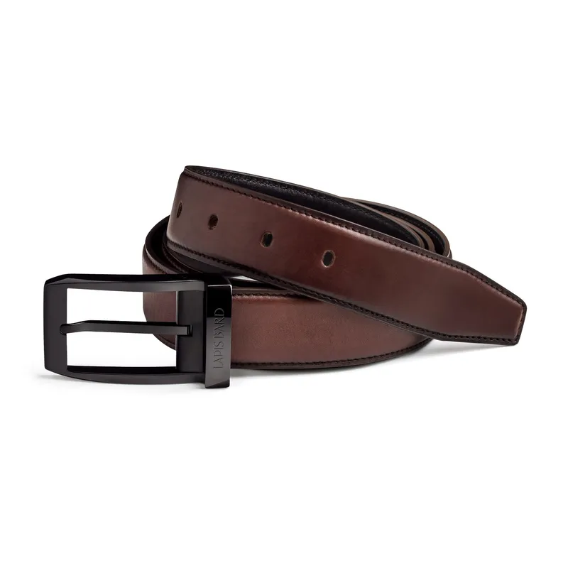 Lapis Bard Avant Garde Knightsbridge Belt IP Matt Black 35mm Buckle with Leather Strap - Cinnamon brown
