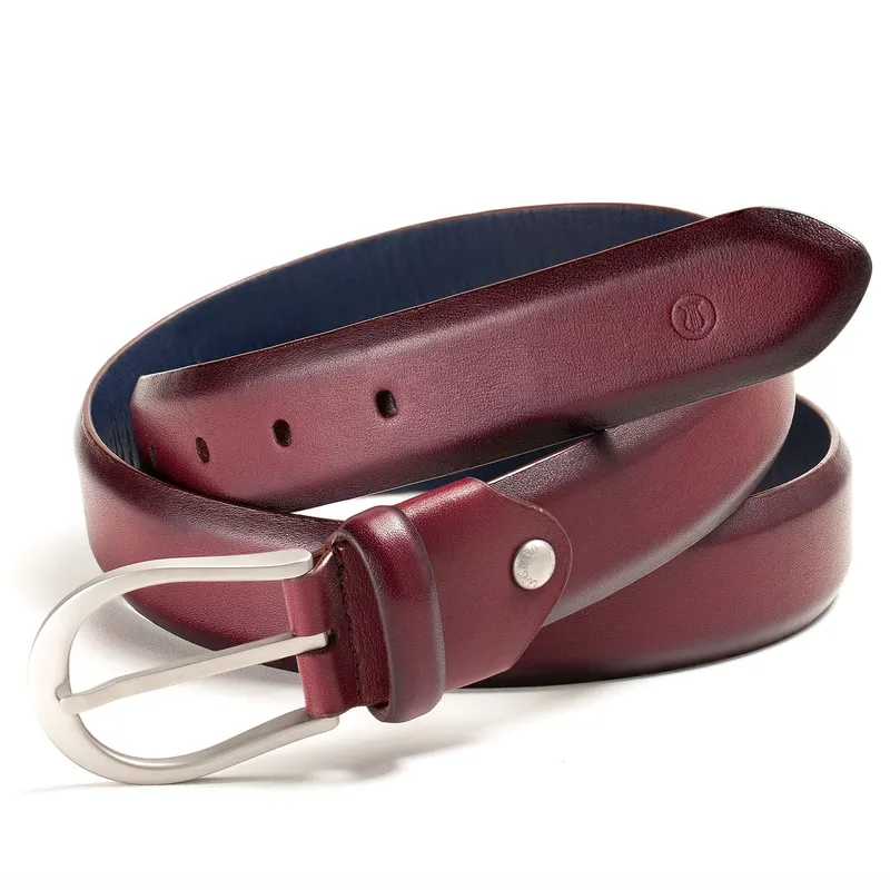 Lapis Bard Sullivan Belt Satin Silver 35mm Buckle with Two tone leather strap - Merlot