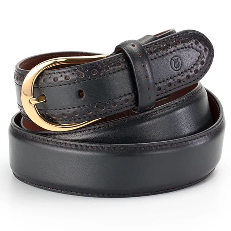 Lapis Bard Sullivan Belt Gold plated 35mm Buckle with Brogue on Two tone Leather Strap - Deep Navy